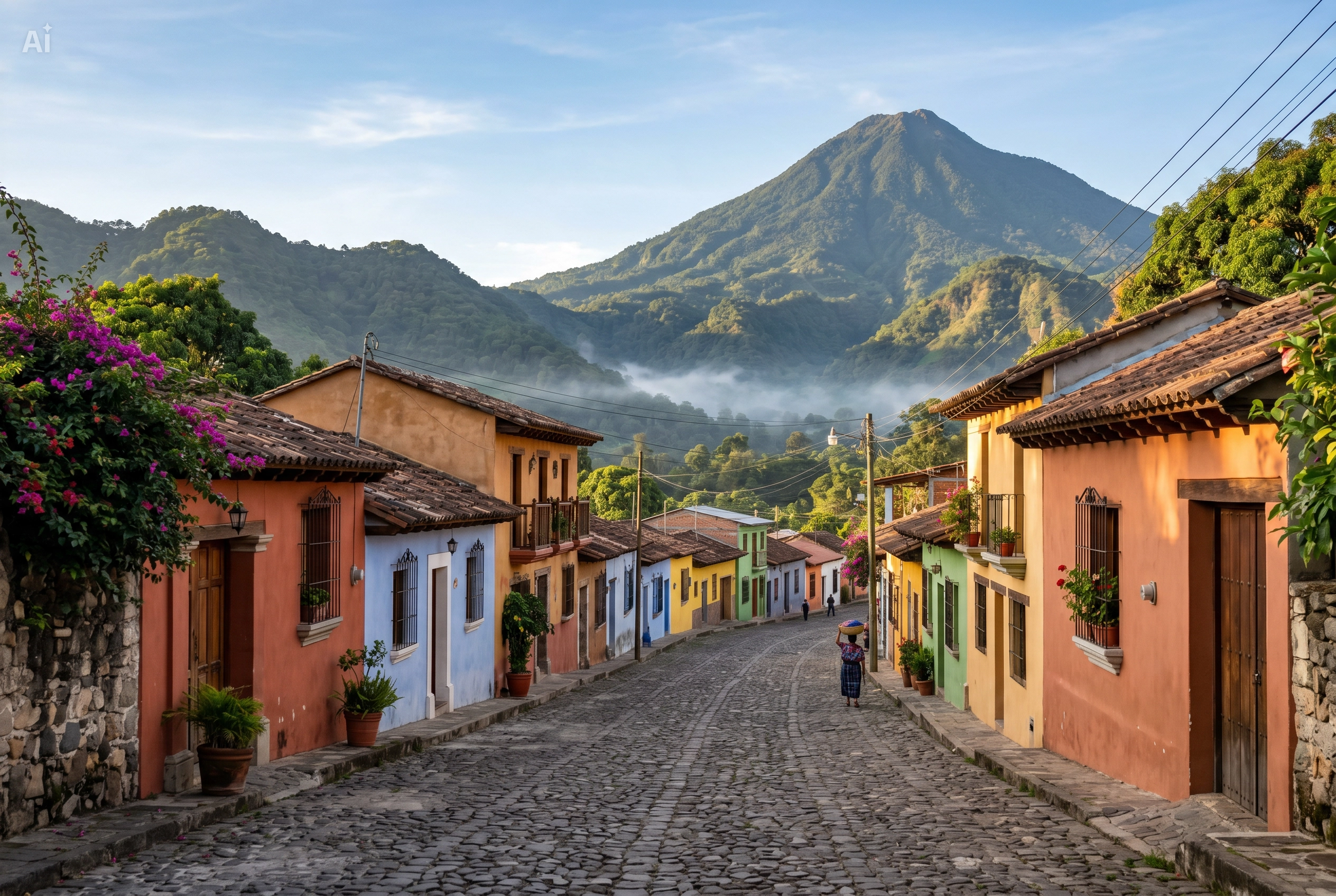 Scenic view of San Miguel Dueñas with Volcán de Agua in the background near Antigua Guatemala